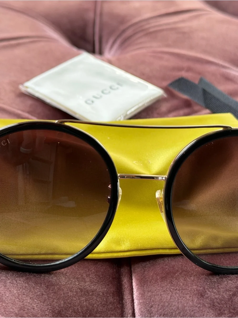 Gucci Round Sunglasses - Black/Gold with Gradient Purple Lenses - BRAND NEW
